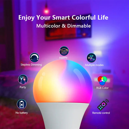 16-Color RGB LED Bulb E27 – Dimmable Multicolor 220V Household Lighting with 24-Key Remote & Neon Atmosphere Light
