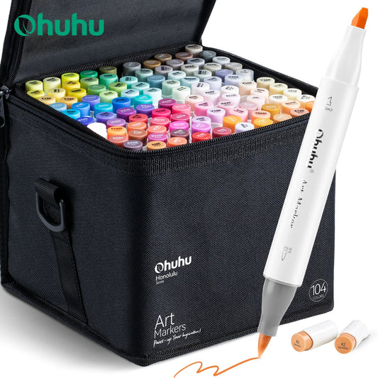 Ohuhu Honolulu 104 Color Marker Pen Set – Refillable Alcohol Art Markers with Dual Tips for Sketching, Drawing, Manga & School Supplies