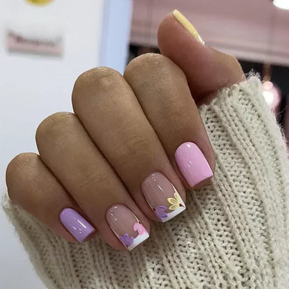 24PCS Short Square Coffin False Nails – French Glitter Acrylic Press-On Nail Tips with Glue, Wearable Fake Nails Set