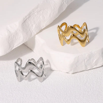 Stainless Steel Irregular Wave Adjustable Ring – Creative Gold Statement Jewelry for Women & Men