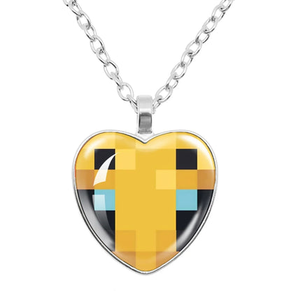 Funny Pixel Block Cartoon Pendant Necklace – 25mm Glass Heart-Shaped Charm, My World Theme Jewelry Gift