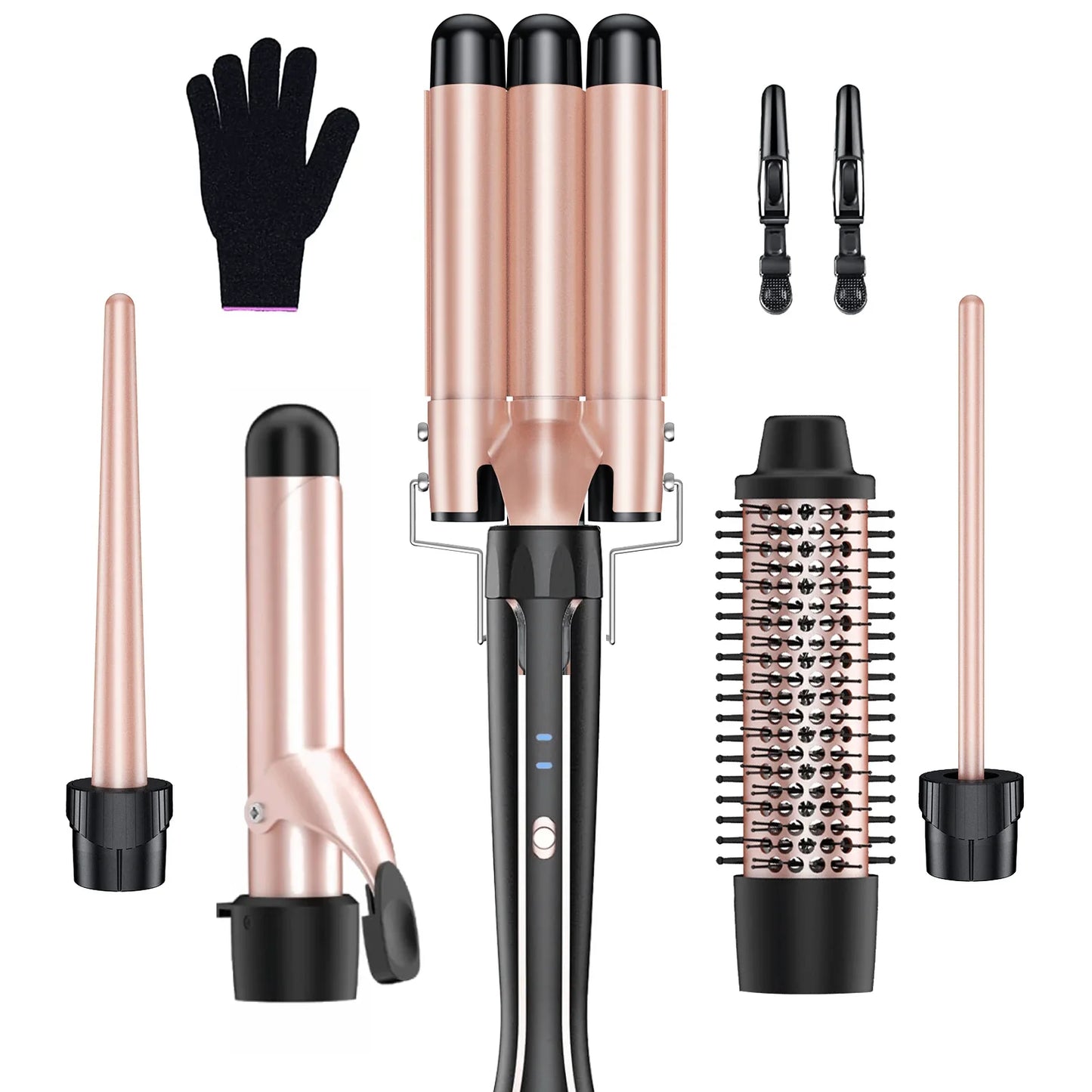 5 in 1 Hair Curler Wand Set with Curling Brush – 0.35” to 1.25” Curling Iron, Heat Resistant Glove & Hair Clips