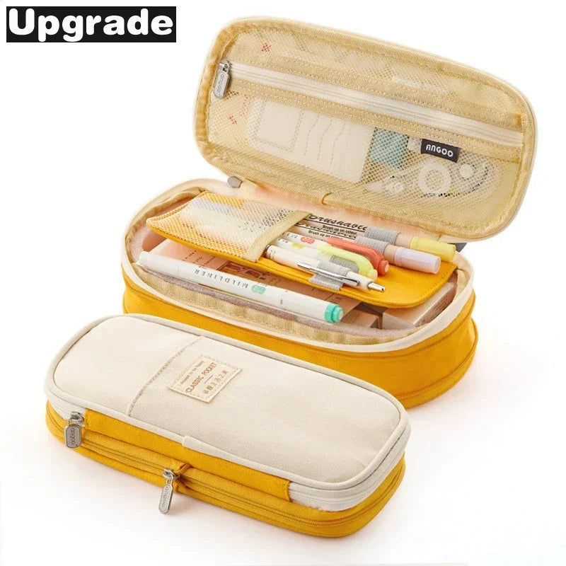 Cute Macaron Canvas Pencil Case - Large Capacity Double-Layer Kawaii School Stationery Pouch for Girls & Kids