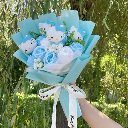 Kawaii Hello Kitty Cat Dolls with Artificial Flowers – Creative Sanrio Bouquet for Christmas, Valentine’s & Birthday Graduation Gifts