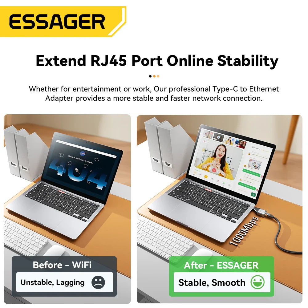 Essager Type-C to Ethernet Adapter – 100/1000Mbps Gigabit RJ45 to Type-C Adapter for MacBook, Laptop Wired Network Card