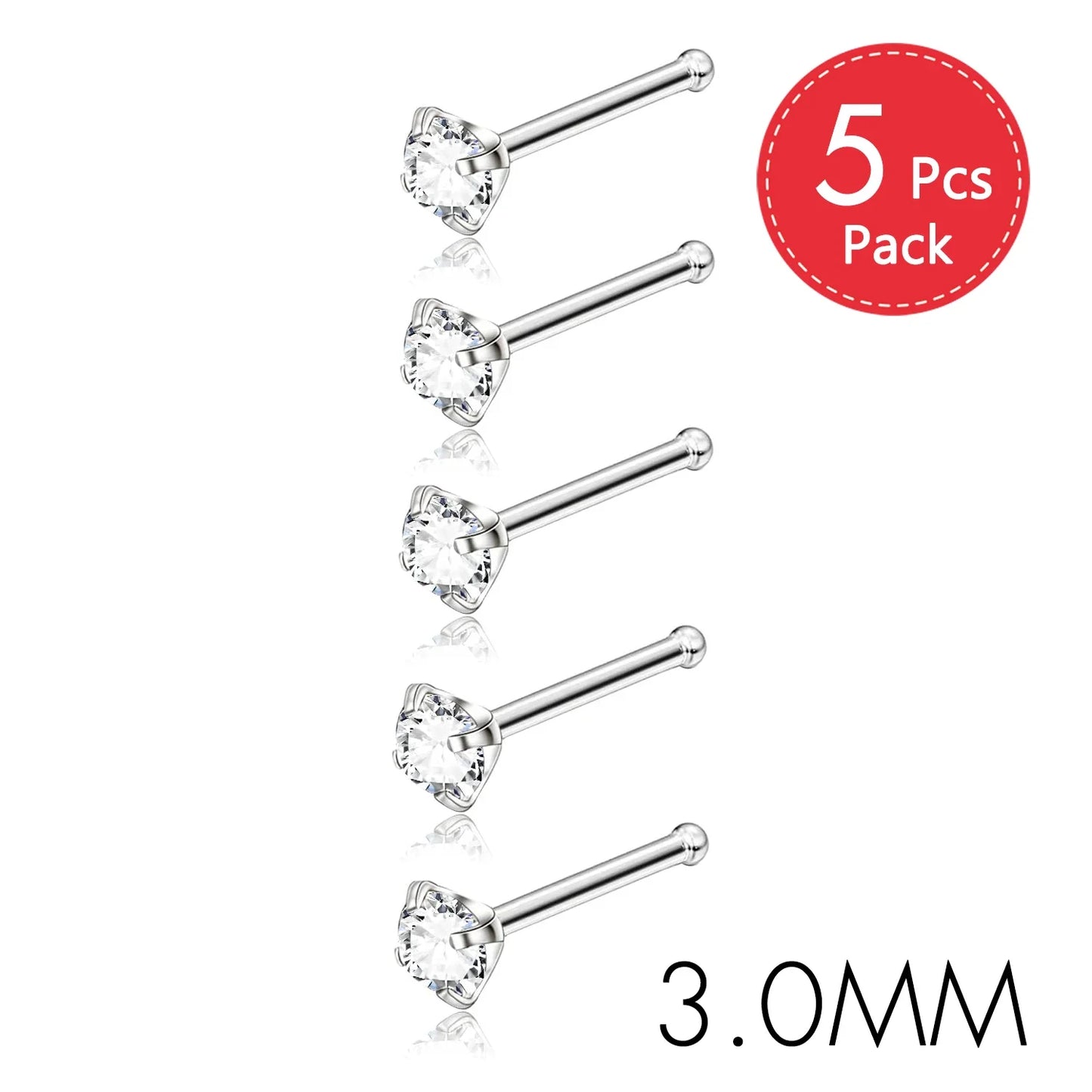 5PCS Stainless Steel Nose Ring Studs — Crystal Nostril Piercing Jewelry for Women & Girls, 1.5/2.0/2.5/3.0mm, 20G