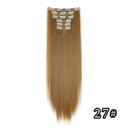 24-Inch 16 Clips-in Hair Extensions – Long Straight Synthetic Blonde & Black Hairpieces, Heat Resistant for Daily Use