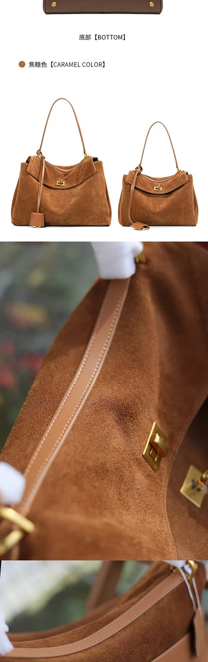 Autumn Winter Suede Leather Tote – Frosted Cowhide High-Capacity Shoulder Kelly Bag