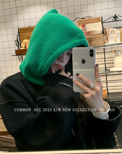 Winter Knitted Hooded Balaclava Hats for Women – Korean Style Outdoor Warmer Beanie with Drawstring Neck Collar
