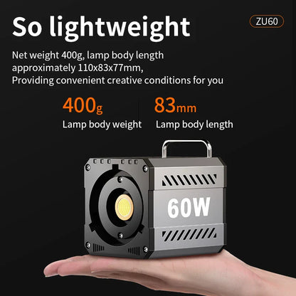 60W COB Video Light - CRI≥90, TLCI≥97, Dual Color Temperature 2700K-6500K, Portable Mini Bowens Live Lighting