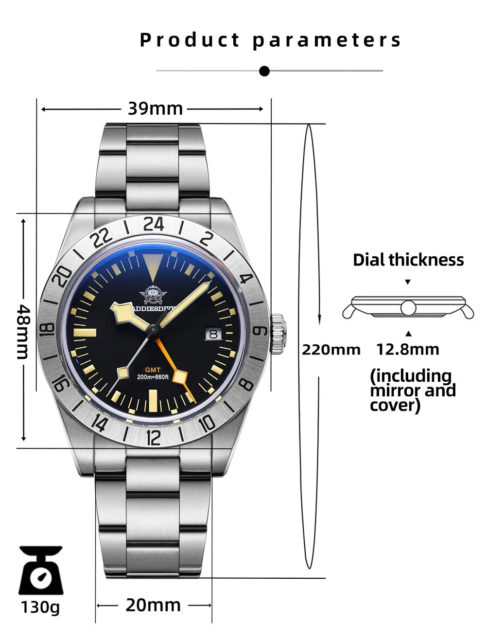 ADDIESDIVE GMT Men’s Diver Watch – 39mm Stainless Steel, Luminous Calendar Display, 20ATM Quartz Reloj Hombre
