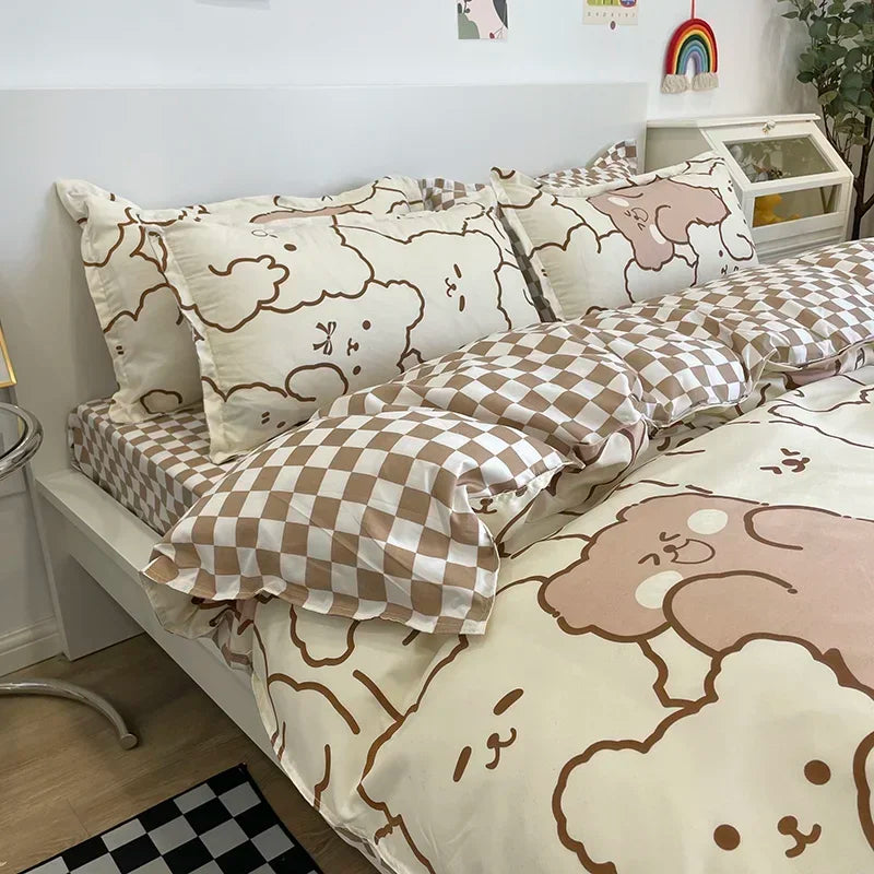 Kawaii Bear & Dog Printed Bedding Set – Floral Duvet Cover with Pillowcases, Full/Queen/King Bed Linen Quilt Sheets