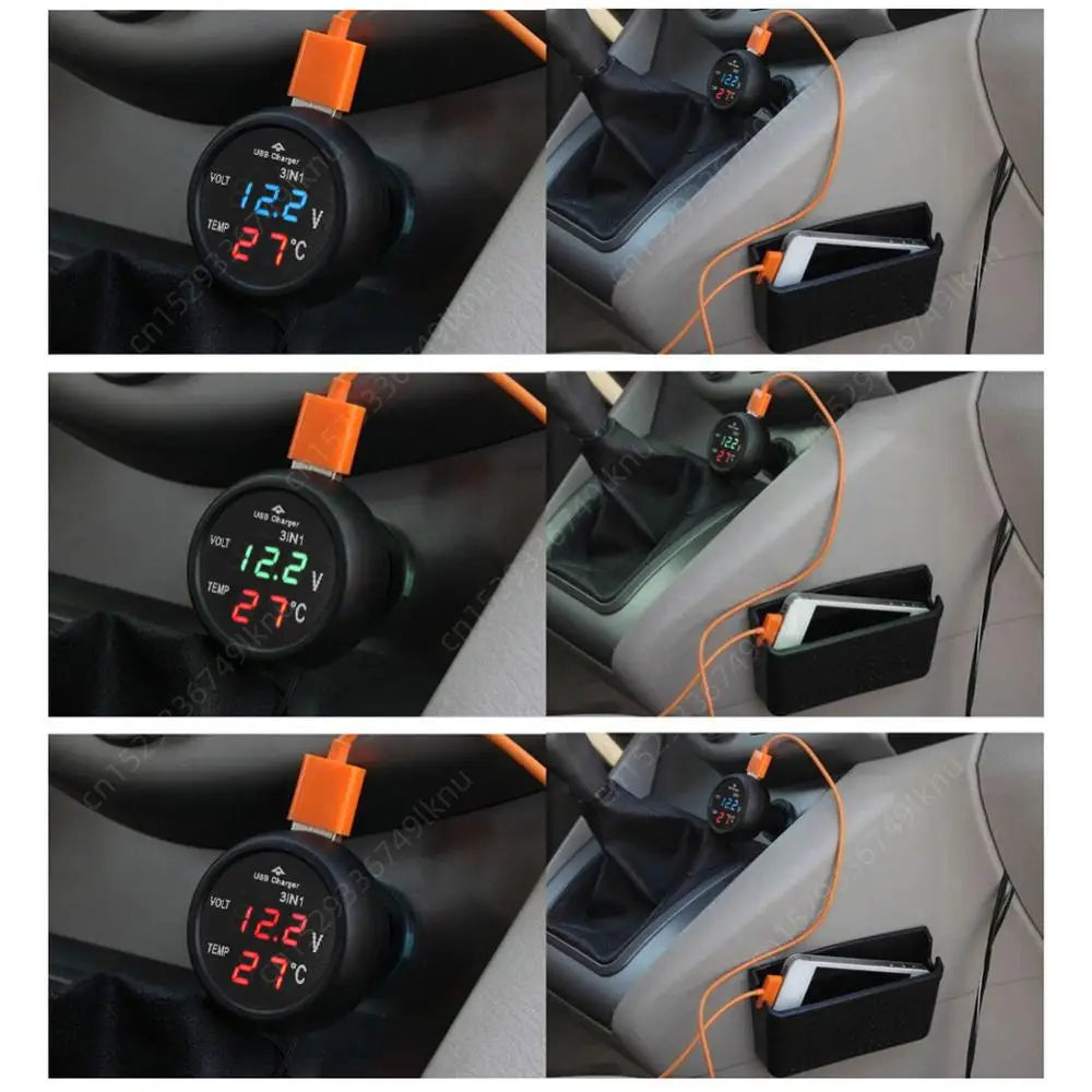 3-in-1 Car Charger & Voltmeter – 12/24V USB Charger with Thermometer, LED Digital Display & Current/Volt Detector
