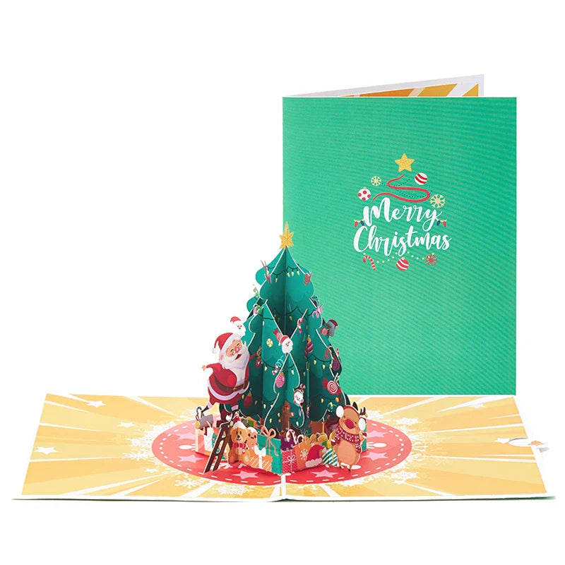 3D Christmas Tree Greeting Card – Cat Xmas Pop-Up Postcard with Envelope