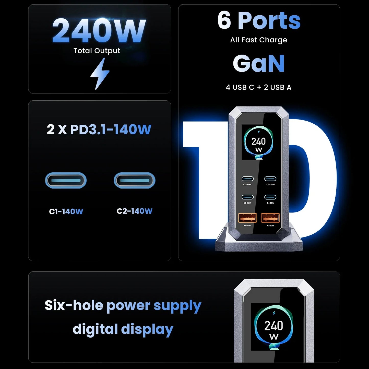 240W GaN Charging Station - 6-in-1 140W PD3.1 PPS USB-C Fast Charger with Digital Display