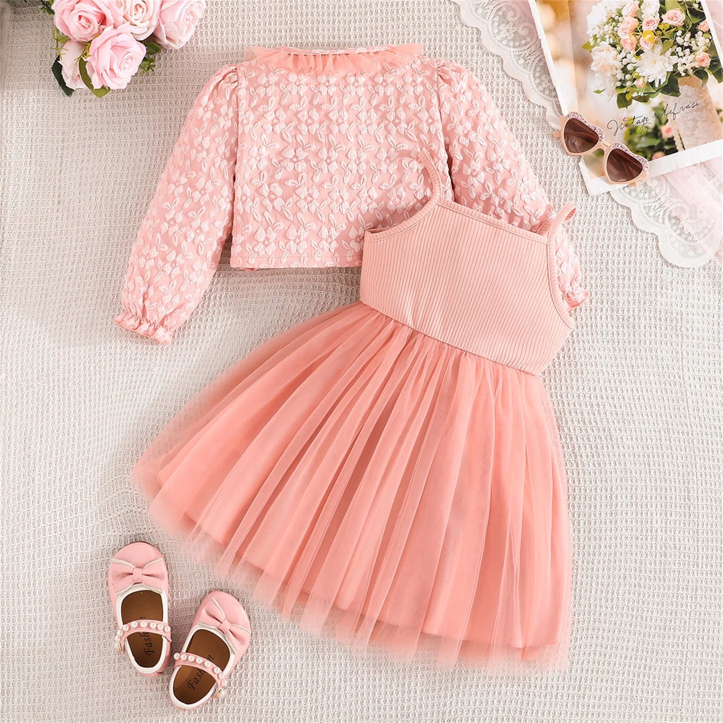 Girls' Summer & Fall 2-Piece Set – Tulle Patchwork Slip Dress with Flower Jacket, Casual Outfit for Ages 2-8Y