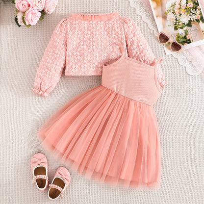 Girls' Summer & Fall 2-Piece Set – Tulle Patchwork Slip Dress with Flower Jacket, Casual Outfit for Ages 2-8Y