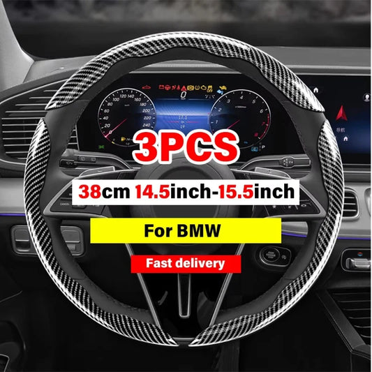 2/3PCS Universal Car Steering Wheel Cover — Laser Carbon Fiber, Silicone & 1K Microfiber Leather, Non-Slip PVC Booster