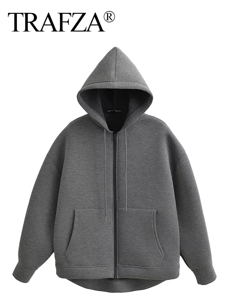 TRAFZA Autumn Women's Gray Jacket – Hooded, Long Sleeve, Zipper Coat with Big Pockets, Loose Casual Outerwear Tops