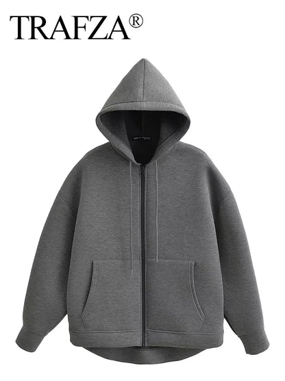 TRAFZA Autumn Women's Gray Jacket – Hooded, Long Sleeve, Zipper Coat with Big Pockets, Loose Casual Outerwear Tops