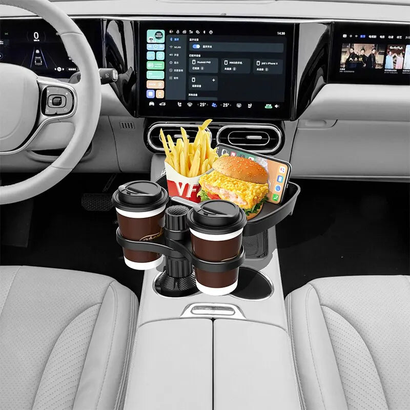 Adjustable Dual Cup Holder Expander: 360° Rotating Multifunctional Car Seat Cup Holder with Snack Tray - Convenient Drink Holder Solution