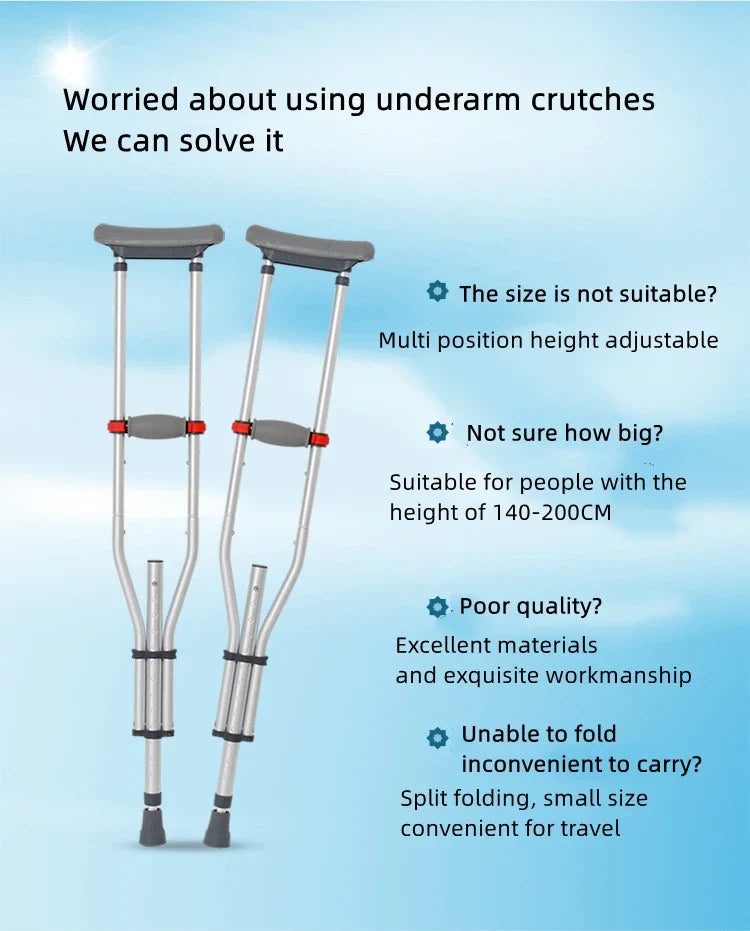 Aluminum Alloy Detachable Foldable Underarm Crutches — Armpit Walking Stick Mobility Aid for Elderly & Disabled