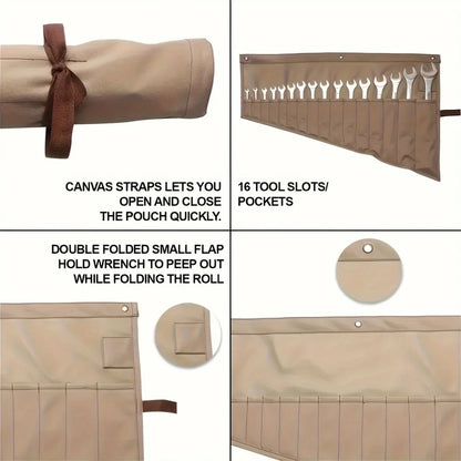 Brown Universal Canvas Tool Bag – Wrench & Hardware Storage Roll Bag for Maintenance, 1-Piece