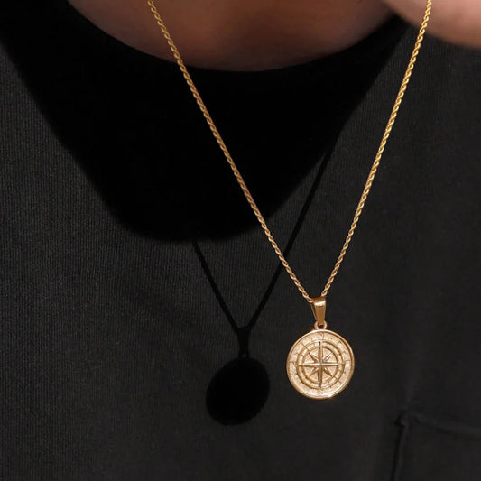 Gold Men's Compass Necklace – Vintage Viking North Star Anchor Medal, Stainless Steel Pendant for Boyfriend & Dad Gift