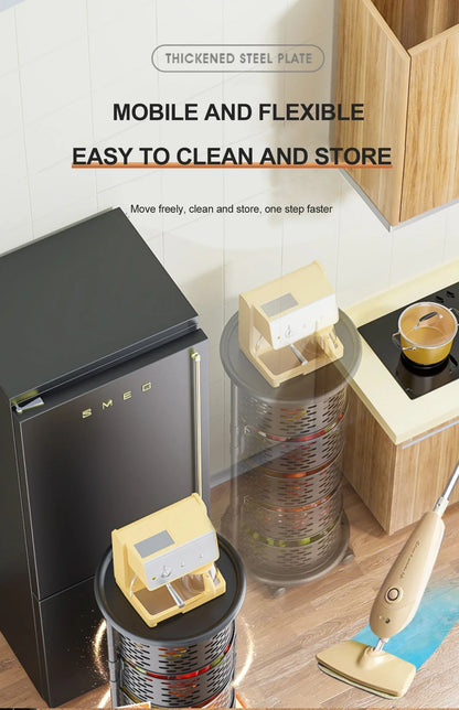 5 Layer Stainless Steel Rotating Shelf - Kitchen & Bathroom Storage Baskets, Fruit & Vegetable Rack with Wheels