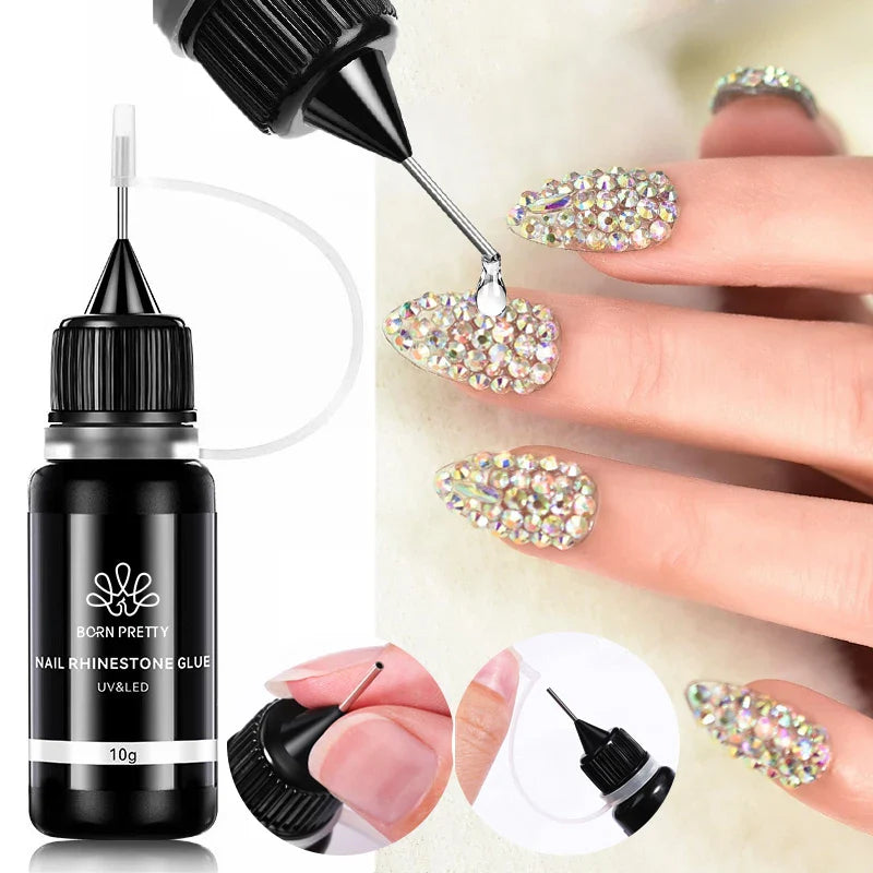 BORN PRETTY 10g Gel Nail Glue for Rhinestones - Super Adhesive, No Wipe Nail Gem Glue for 3D Crystals, Beads, Diamonds & Stickers