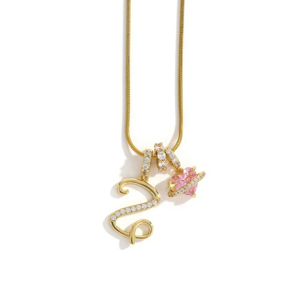 Gold Zircon Flower Letter Necklace - A-Z Alphabet Pendant Jewelry Gift for Women