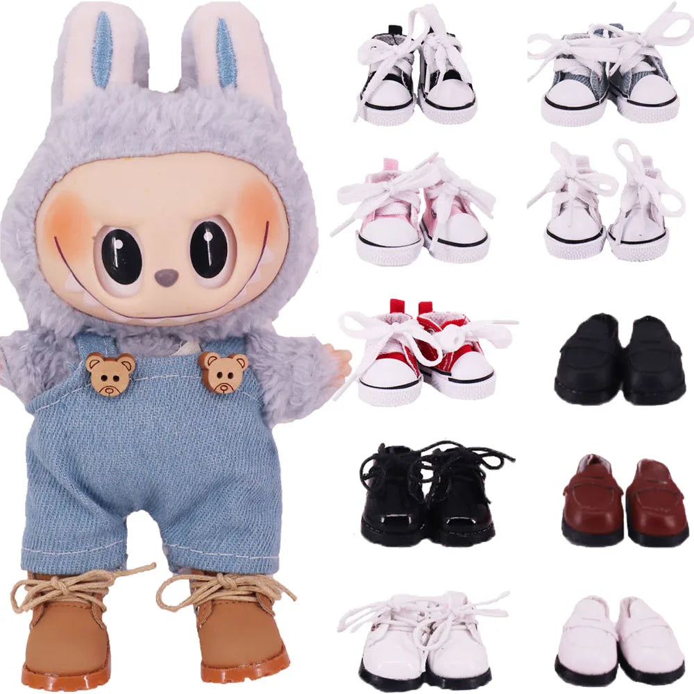 3.8cm Solid Color Lace-Up Canvas Shoes – PU Doll Shoes for 17cm Labubu Doll Clothes & Accessories Gift