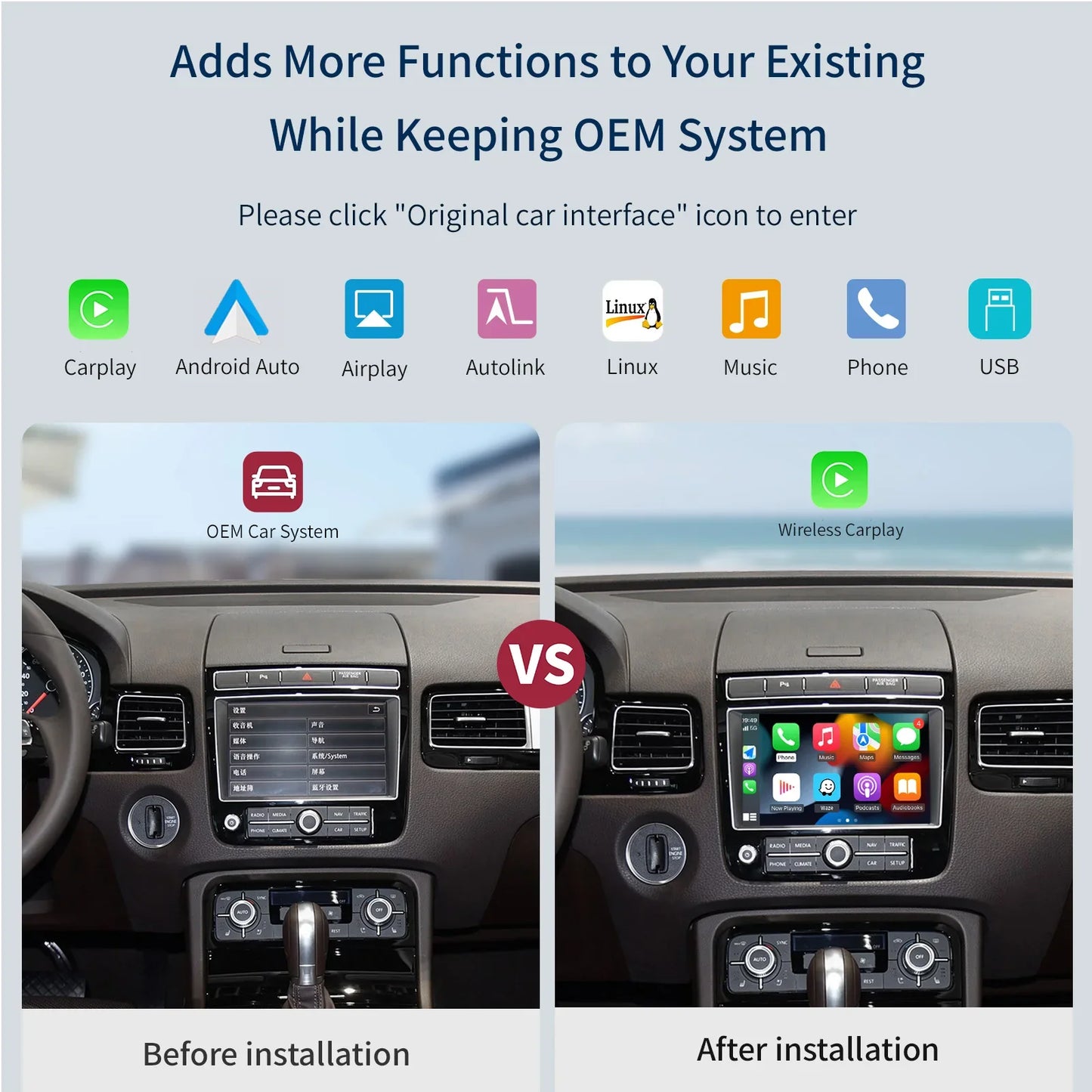 Wireless CarPlay & Android Auto Adapter for VW Touareg 7P RNS850 – 8-Inch Screen Mirroring, CarPlay & AirPlay Multimedia 2011-2018