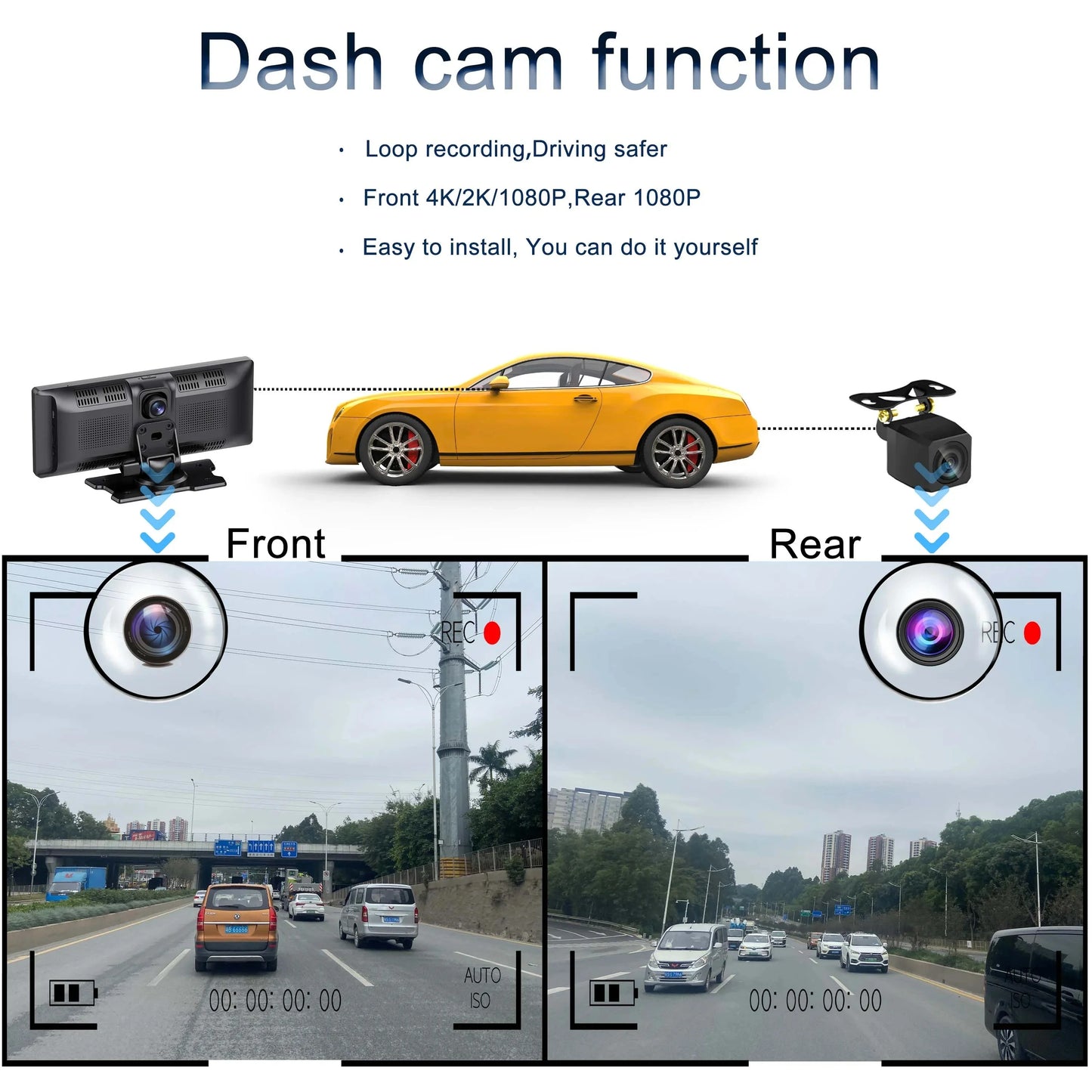 4K 10.26-Inch Dash Cam with Rearview Camera – WiFi CarPlay & Android Auto DVR, GPS Navigation, Dual Lens Mirror Recorder with AUX