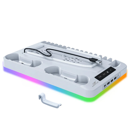 GAMINJA P58 RGB Cooling Stand for PS5 Slim – Console Charging Dock with Gamepad Charger, Headset Hook & Game Disc Storage Rack for Disc & Digital Edition