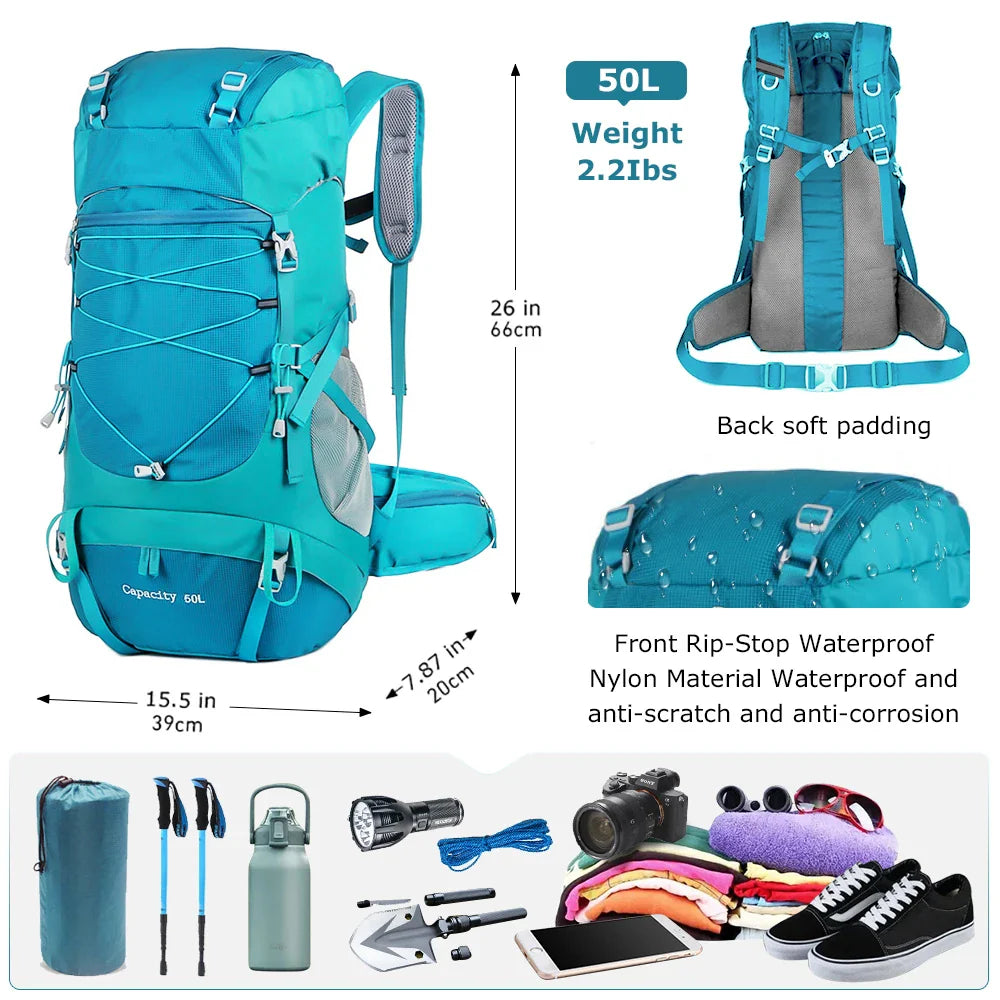 WESTTUNE 50L Hiking Backpack - Multifunctional Mountaineering Bag with Rain Cover for Travel, Trekking, and Camping