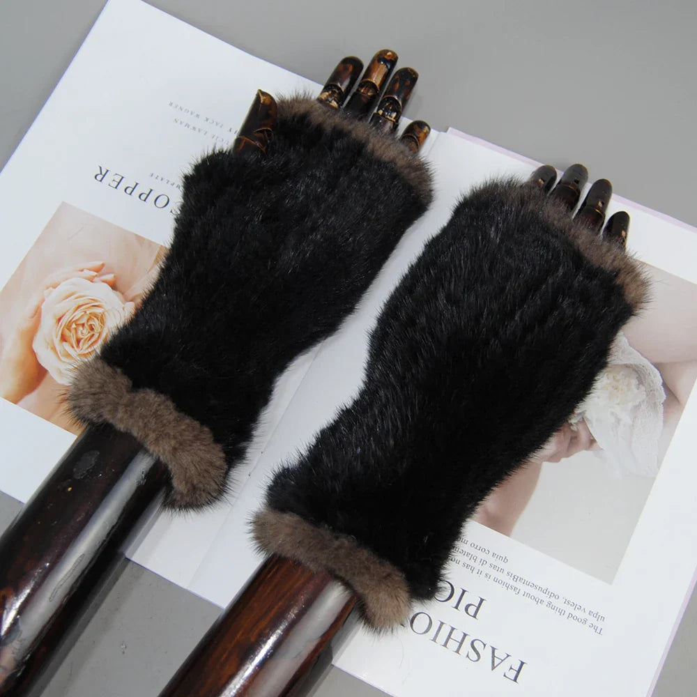 Women’s Winter Mink Fur Gloves – 100% Natural Fingerless Knitted Mittens for Warmth