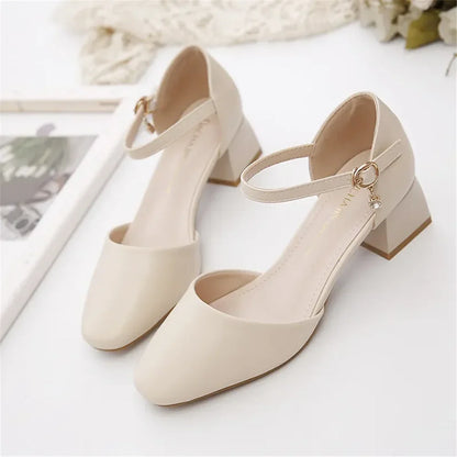Women’s Elegant White Pearl Buckle Pumps — Square Heel Office & Leisure Shoes