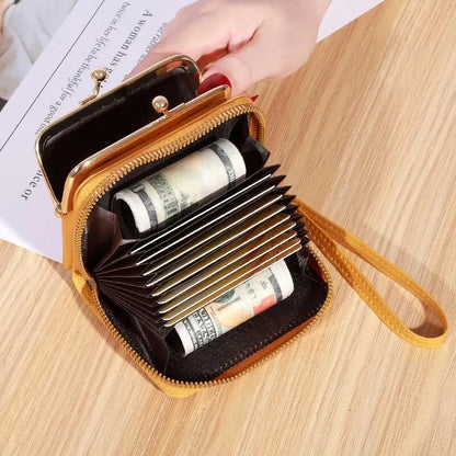 Women's Wrist Strap Wallet - Large Capacity Short Wax Oil Leather Zero Wallet with Multi-Card Holder and Letter Design