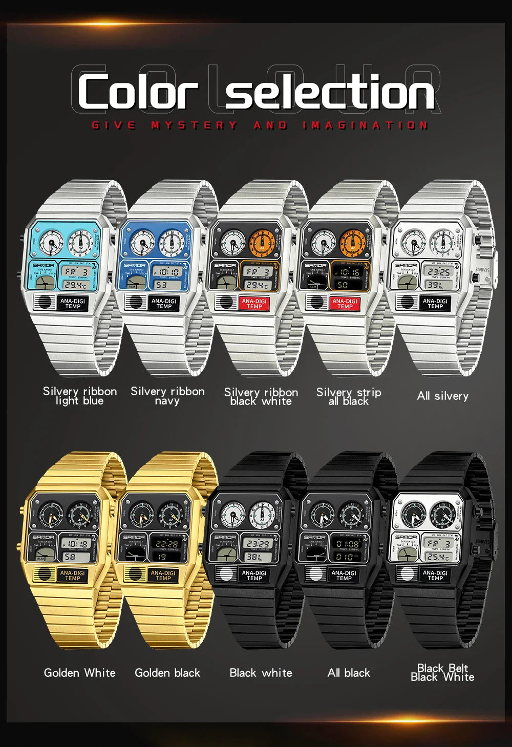 SANDA 3192 Men’s LED Square Watch — Youth Casual Multi-Function Stopwatch Thermometer Chronograph