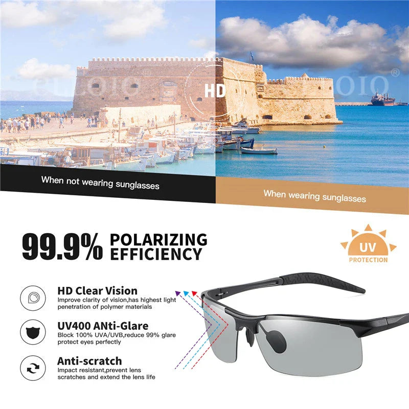 CLLOIO Aluminum Photochromic Sunglasses – Polarized Day & Night Chameleon Glasses for Men, Anti-Glare, UV Protection, Color Changing Sun Glasses