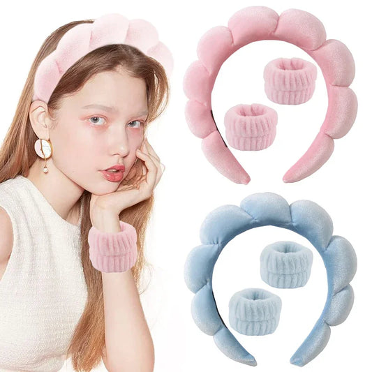 Sponge Spa Headband with Wristbands – Wide Padded Face Washing, Skin Care, Makeup Removal & Shower Headband for Women & Girls
