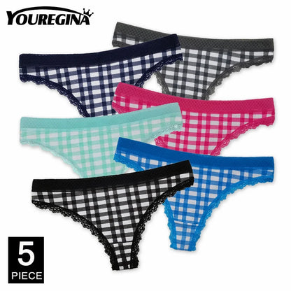 5 Pcs Women’s Cotton Thong Panties Set - Sexy Dot Star Print G-String Tanga Lingerie Intimate Underwear