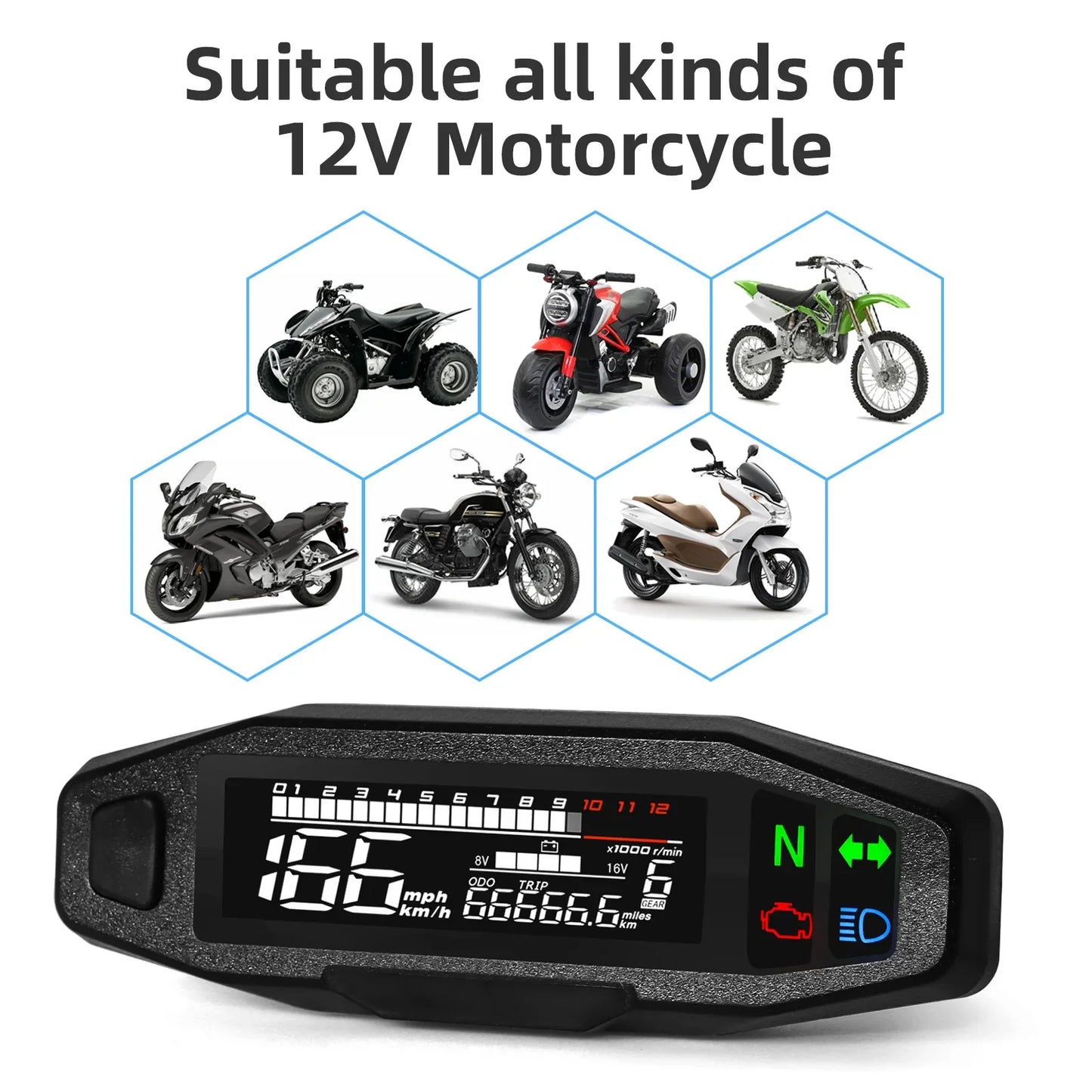 AD Universal Motorcycle Digital Speedometer – LED Tachometer Dashboard Instrument Panel with LCD Display & Y Bracket