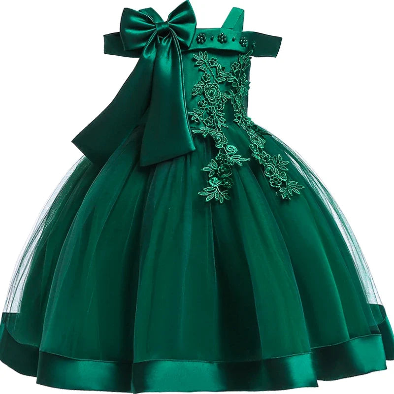 Girls’ Christmas Party Dress - Elegant Appliqué Flower Bow Gown for Weddings, Birthdays & Prom Ages 3–10