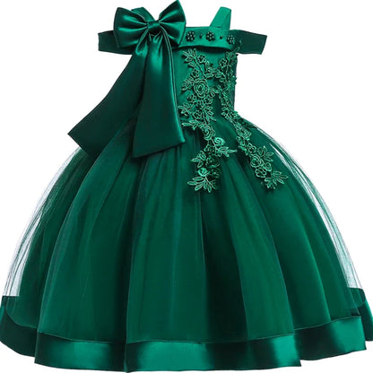 Girls’ Christmas Party Dress - Elegant Appliqué Flower Bow Gown for Weddings, Birthdays & Prom Ages 3–10