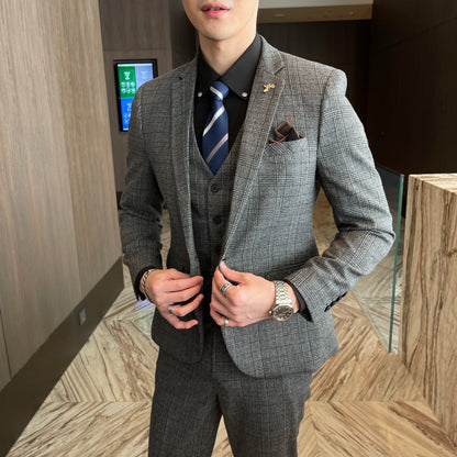 Men’s British Korean Plaid Three-Piece Suit – Stylish Business Casual Set with Blazer, Vest & Trousers