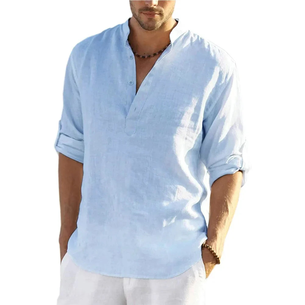 Men’s Cotton Linen Long Sleeve Casual Shirt Loose Fit Breathable Spring Autumn Buttonless Blouse Style Top Fashion Tee S-3XL