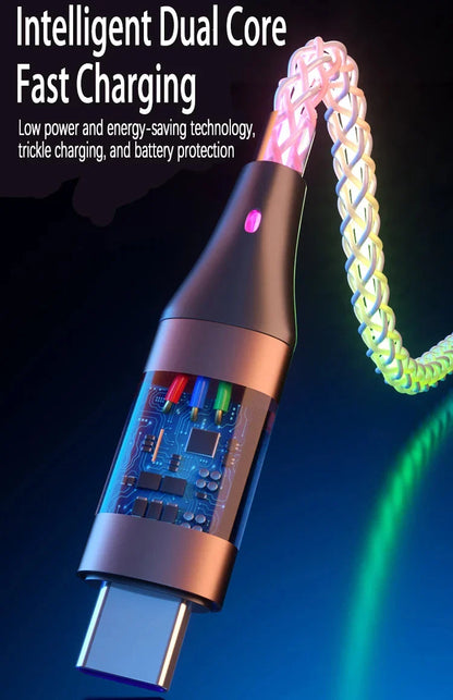 6A RGB 3-in-1 Fast Charging Cable – Colorful Breathing Light USB Data Cord for Car & Universal Use