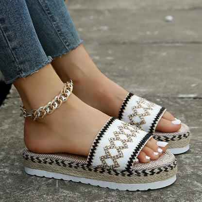 Bohemian Weave Women's Platform Slippers – Handmade Espadrille Sandals, Summer 2023 Beach & Casual Heels